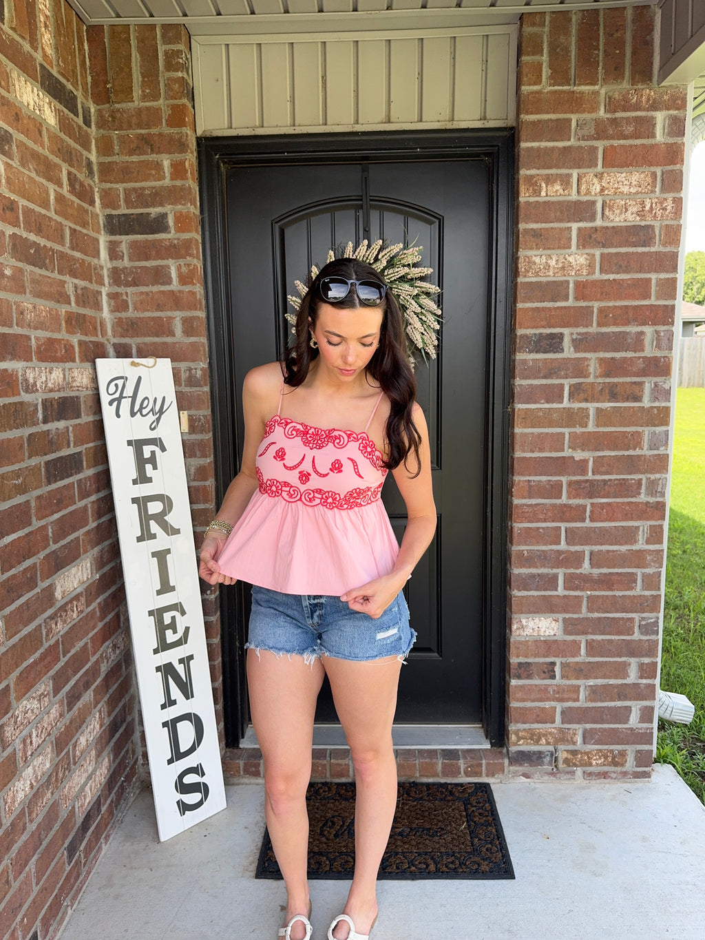 Red & Pink Embroidered Detail Cami Top