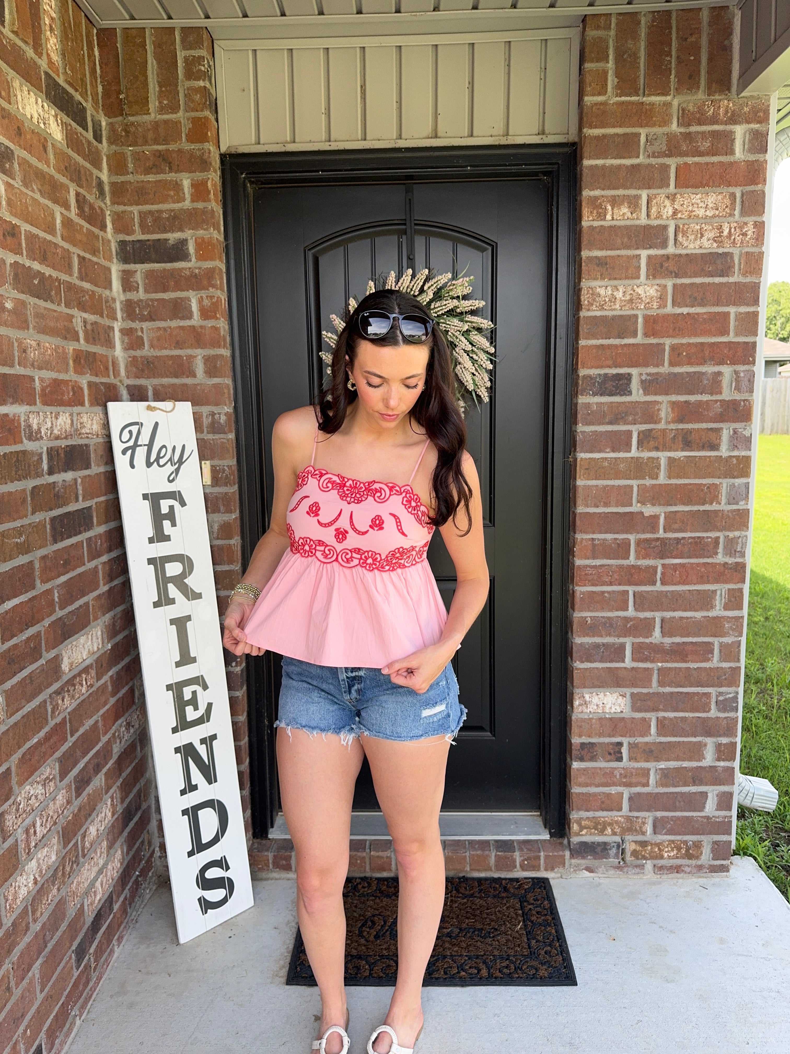 Red & Pink Embroidered Detail Cami Top