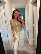 Tan and White Detailed Top
