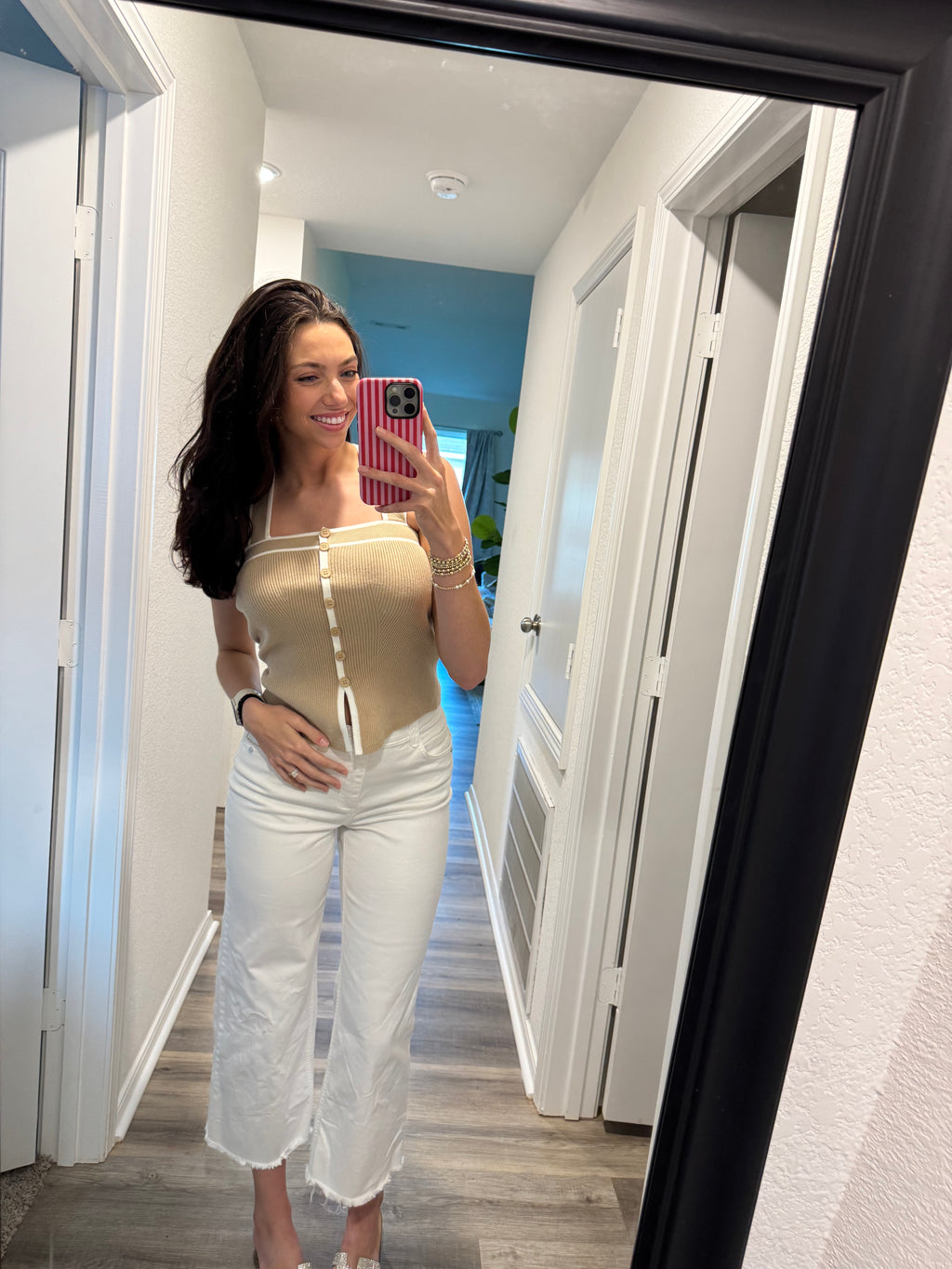 Tan and White Detailed Top