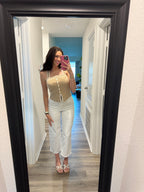 Tan and White Detailed Top