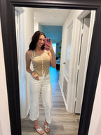 Tan and White Detailed Top