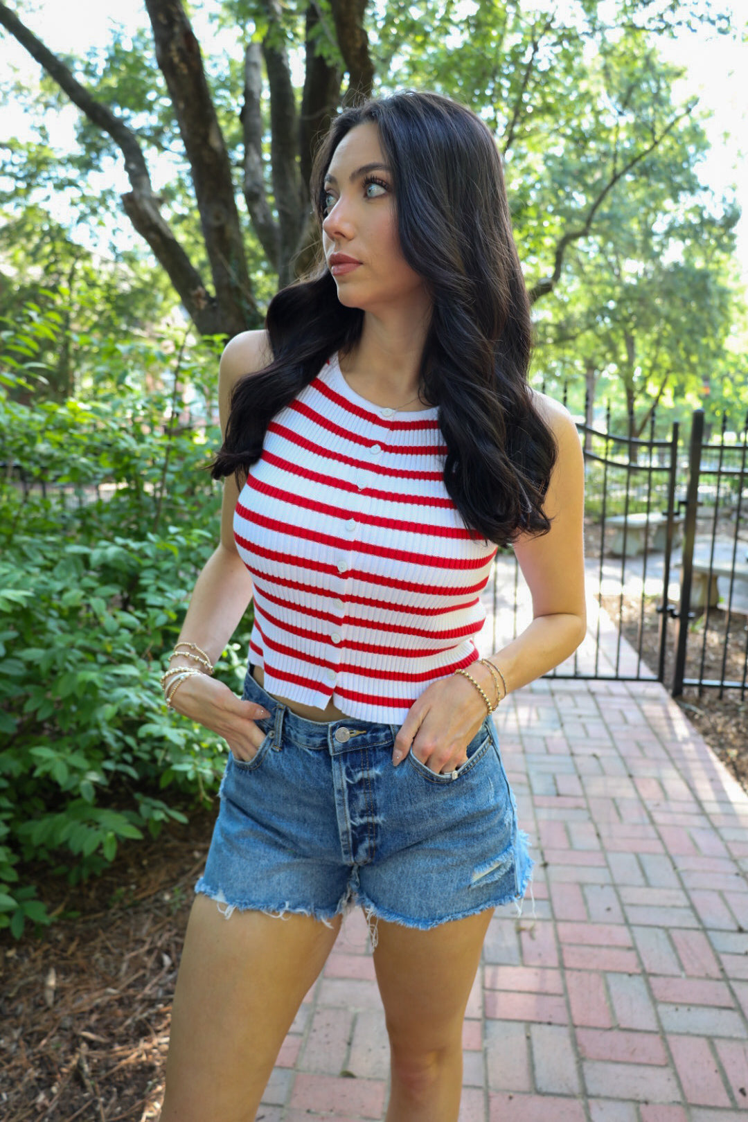 Striped Ribbed Button Front Tank -Red