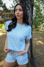Blue and White Stripe Knitted Short Sleeve Top