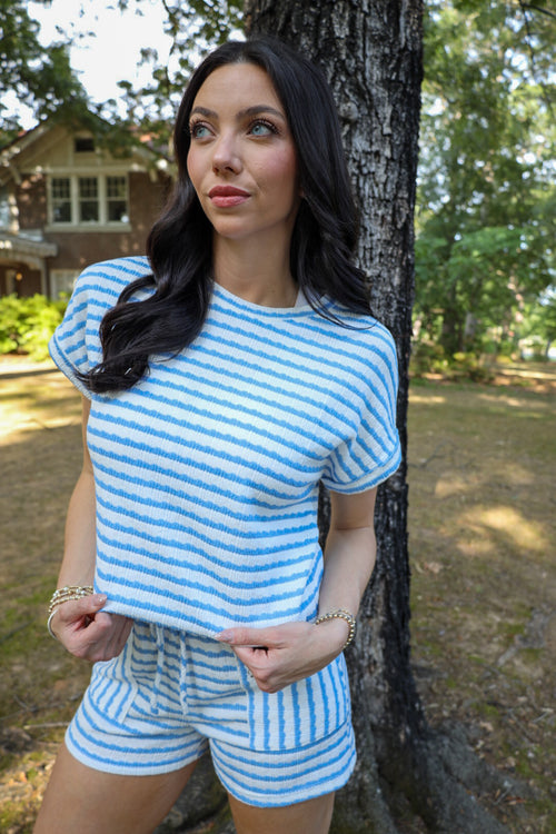 Blue and White Stripe Knitted Short Sleeve Top
