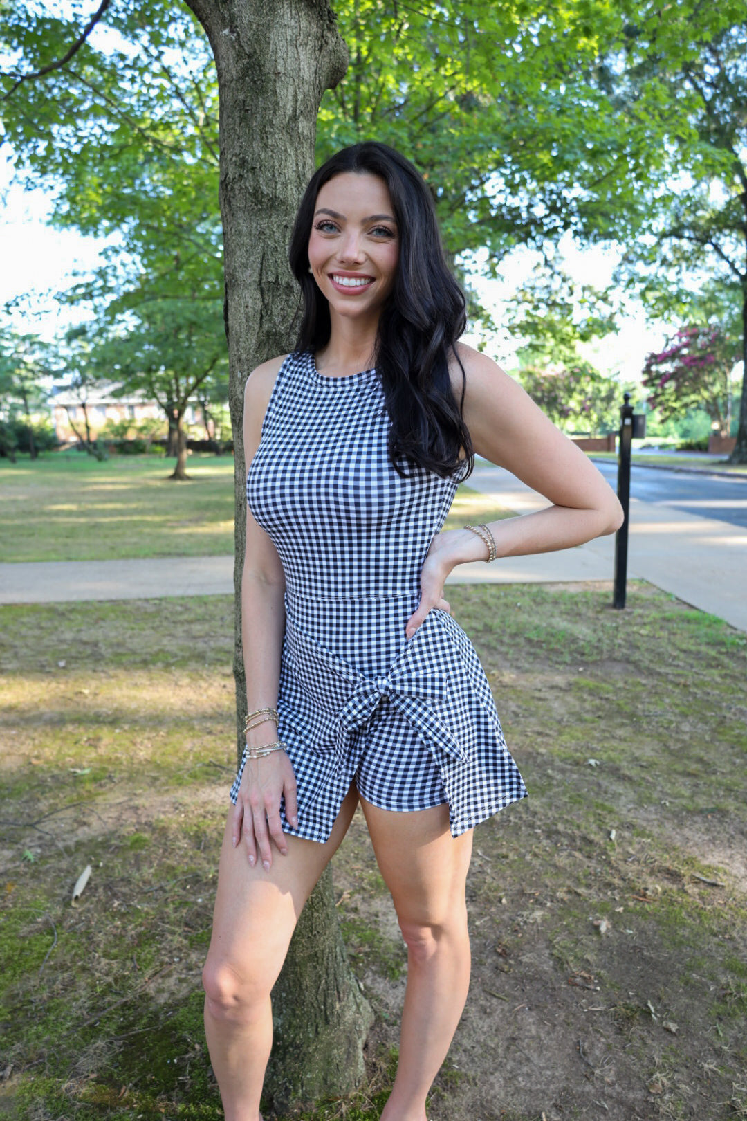 Gingham Print Sleeveless Wrap Tie Front Dress