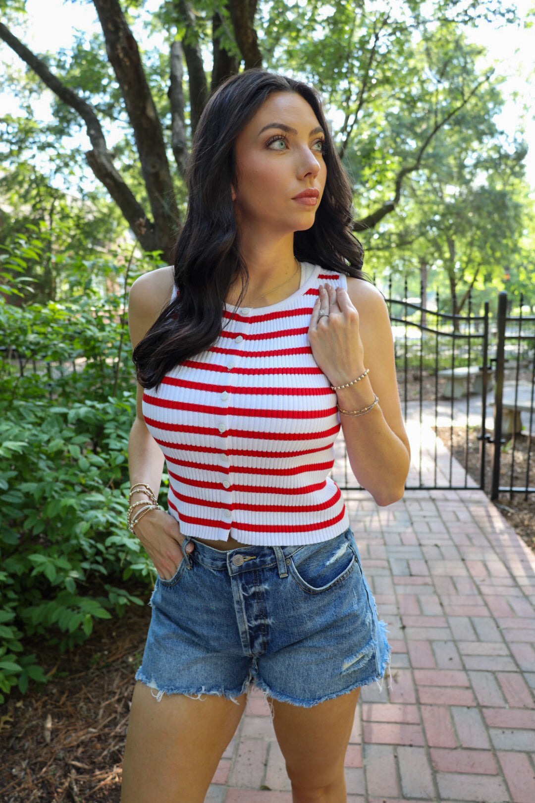 Striped Ribbed Button Front Tank -Red