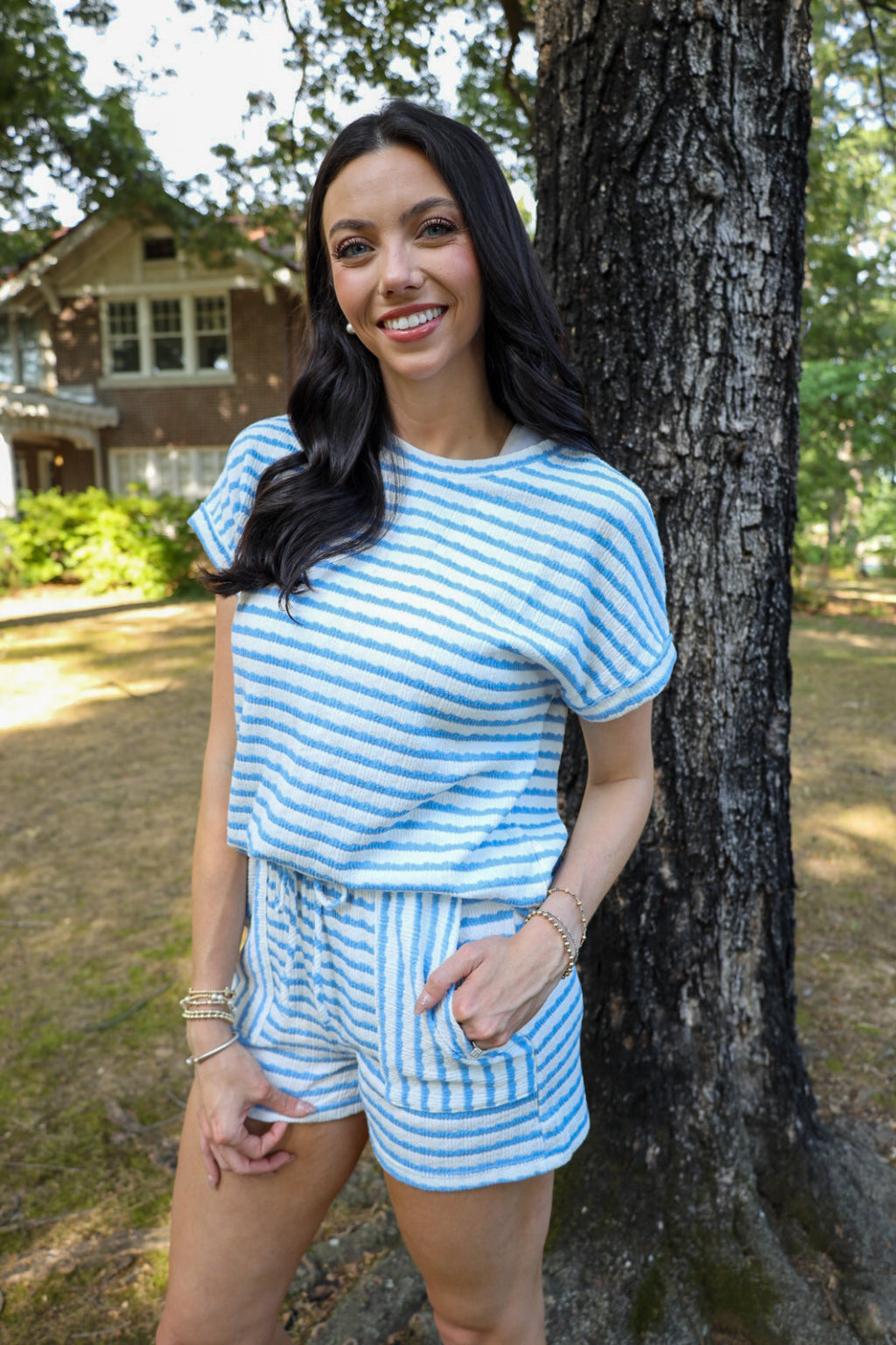 Blue and White Stripe Knitted Short Sleeve Top