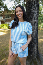 Blue and White Stripe Knitted Short Sleeve Top