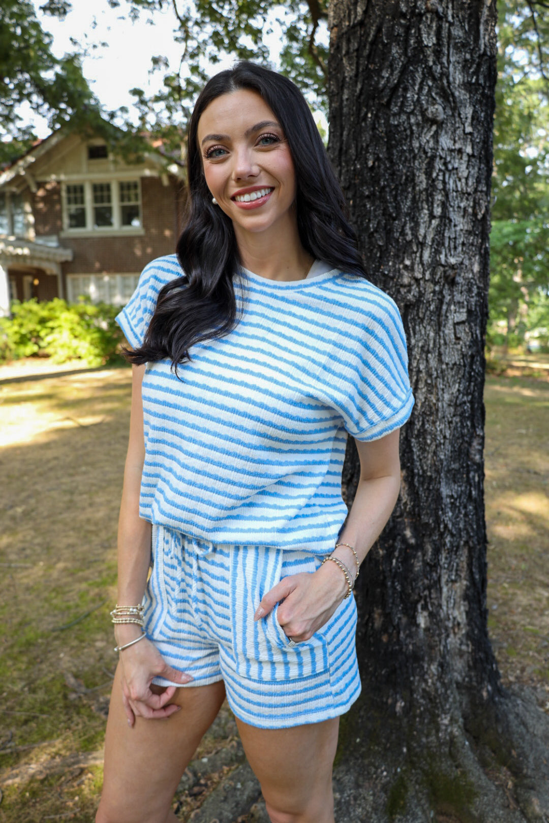 Blue and White Stripe Knitted Short Sleeve Top