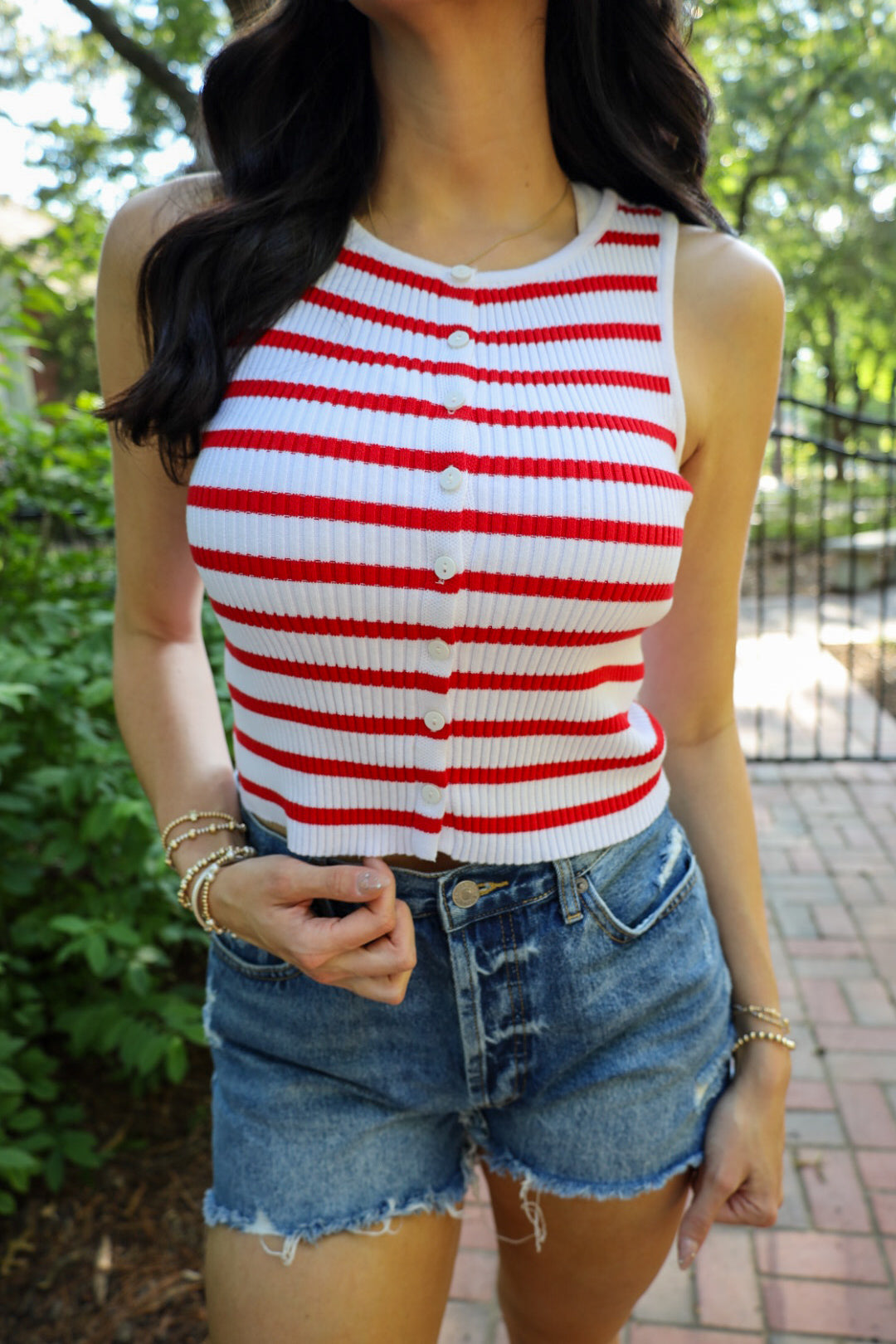 Striped Ribbed Button Front Tank -Red