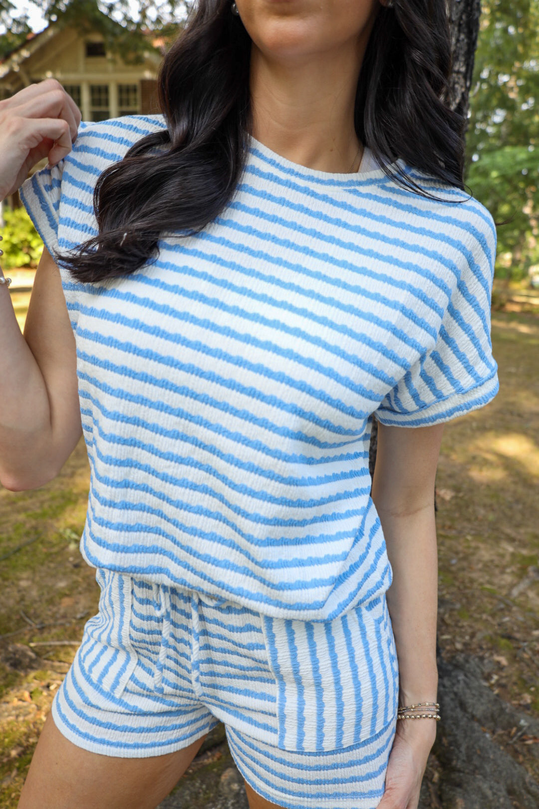 Blue and White Stripe Knitted Short Sleeve Top