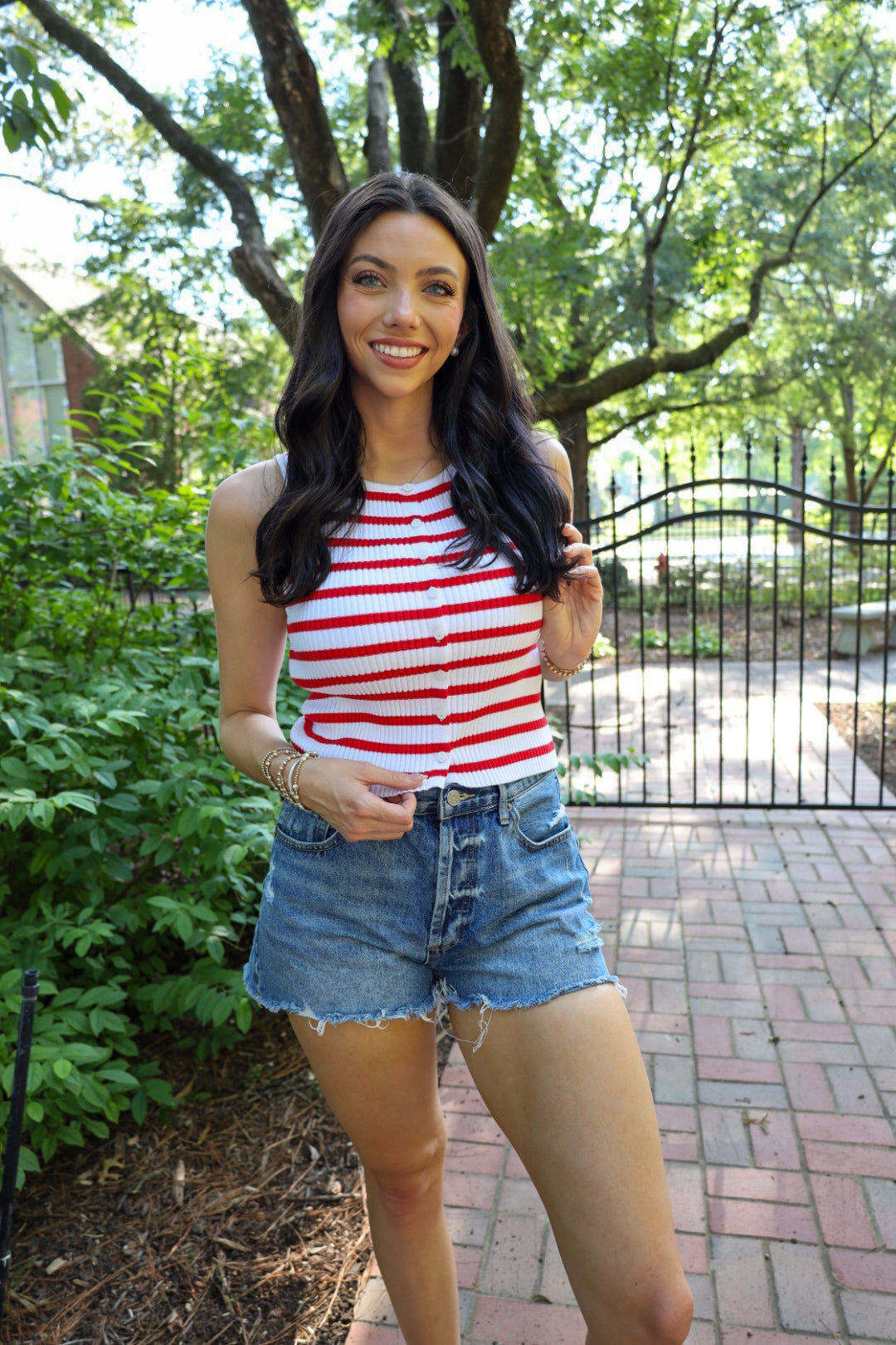 Striped Ribbed Button Front Tank -Red