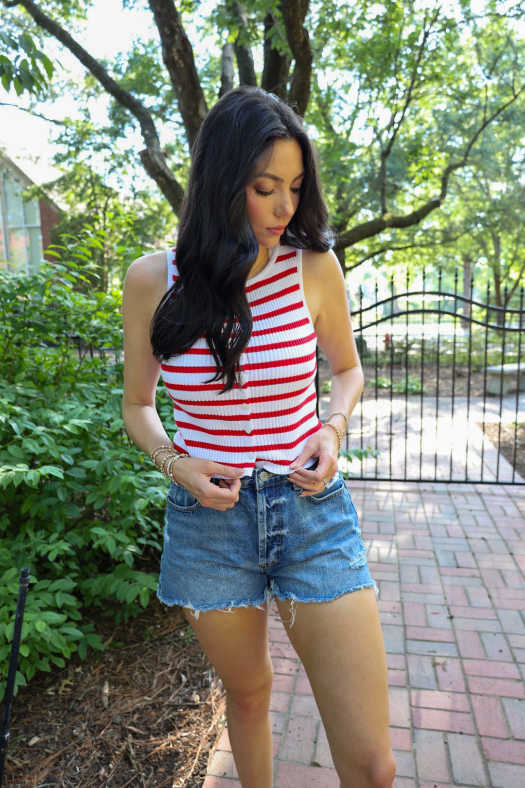 Striped Ribbed Button Front Tank -Red