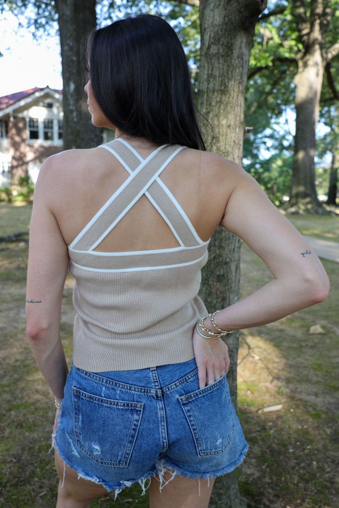 Tan and White Detailed Top