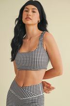 Gingham Print Ruched Bra Top - Black Gingham