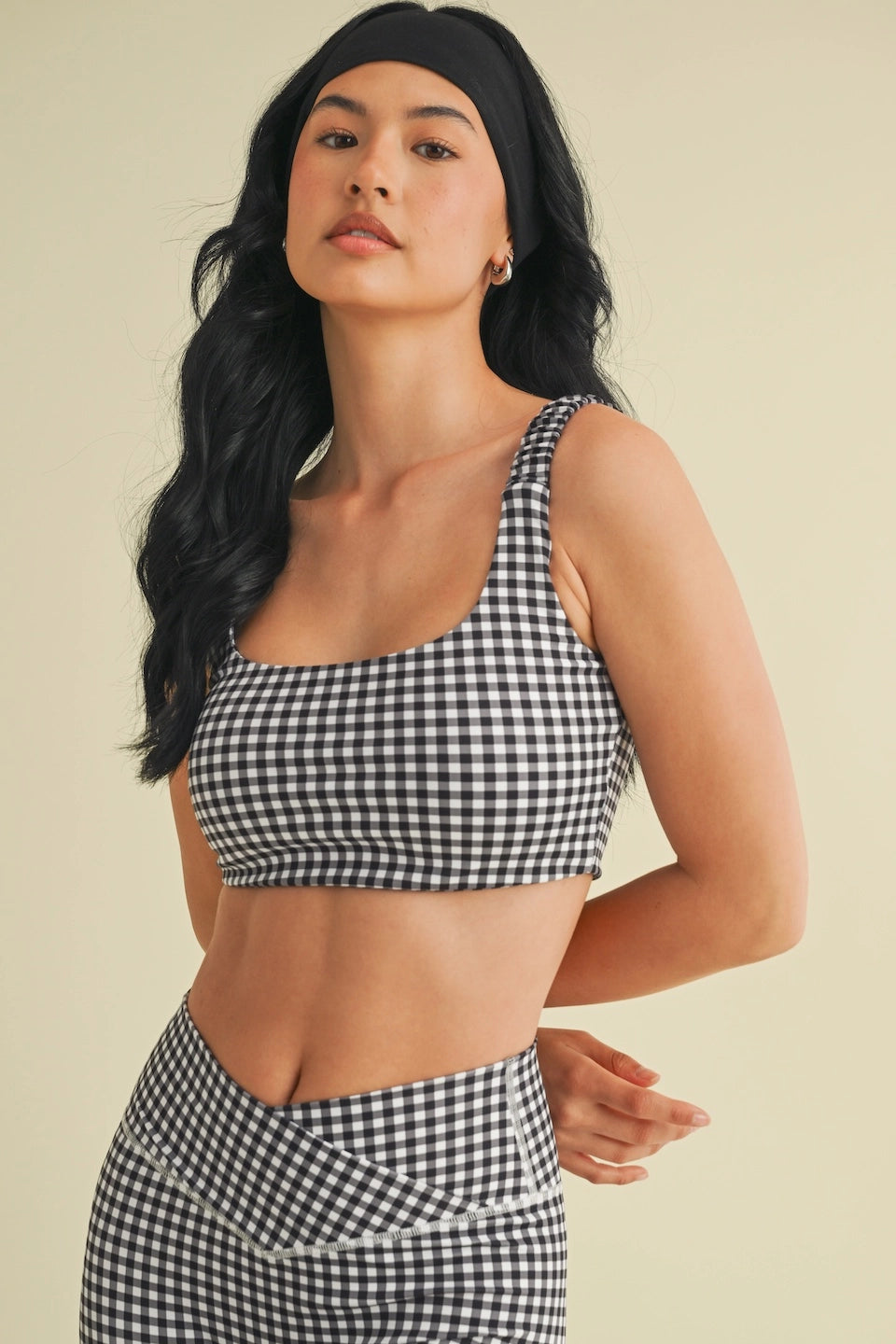 Gingham Print Ruched Bra Top - Black Gingham