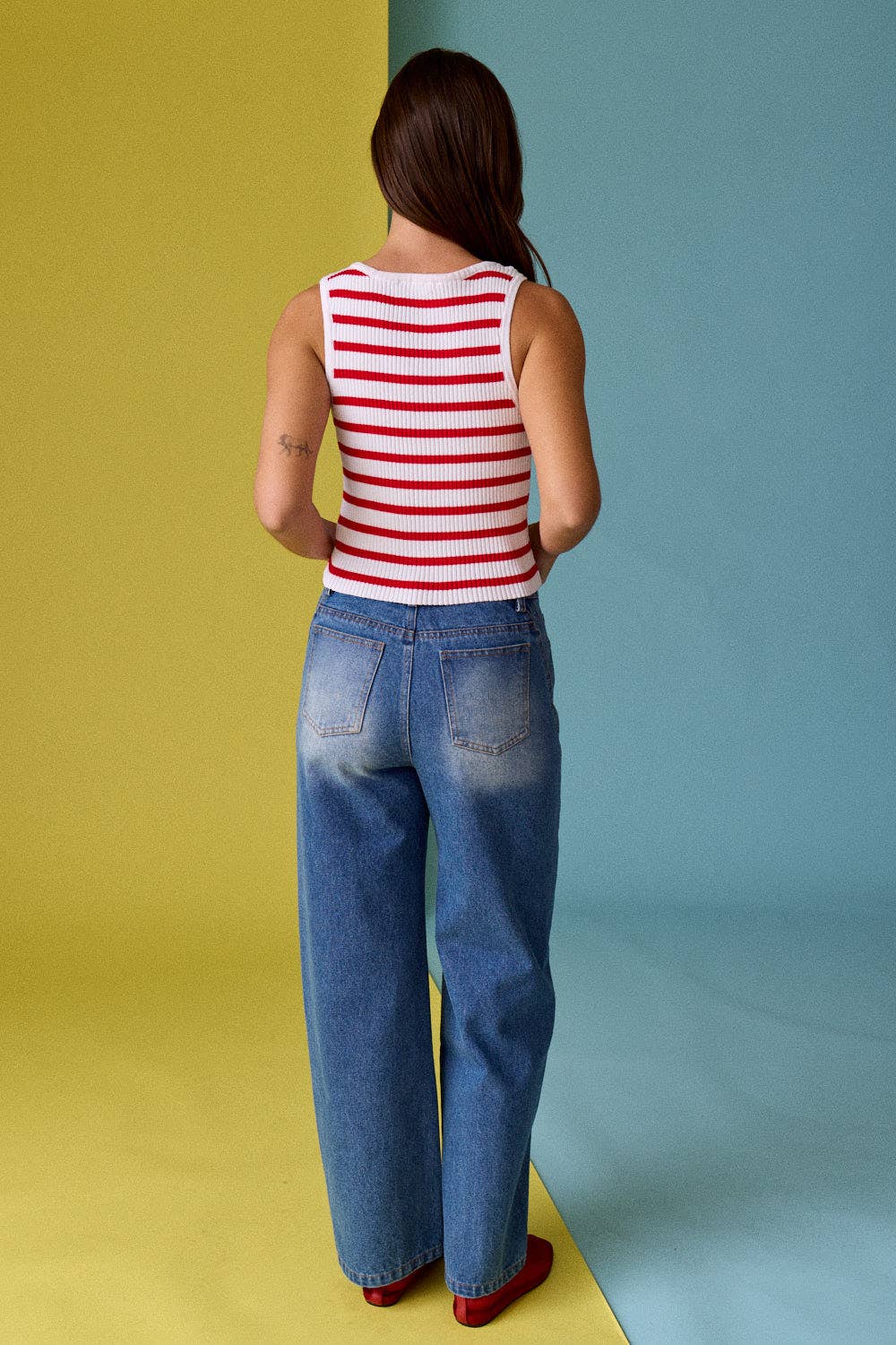 Striped Ribbed Button Front Tank -Red