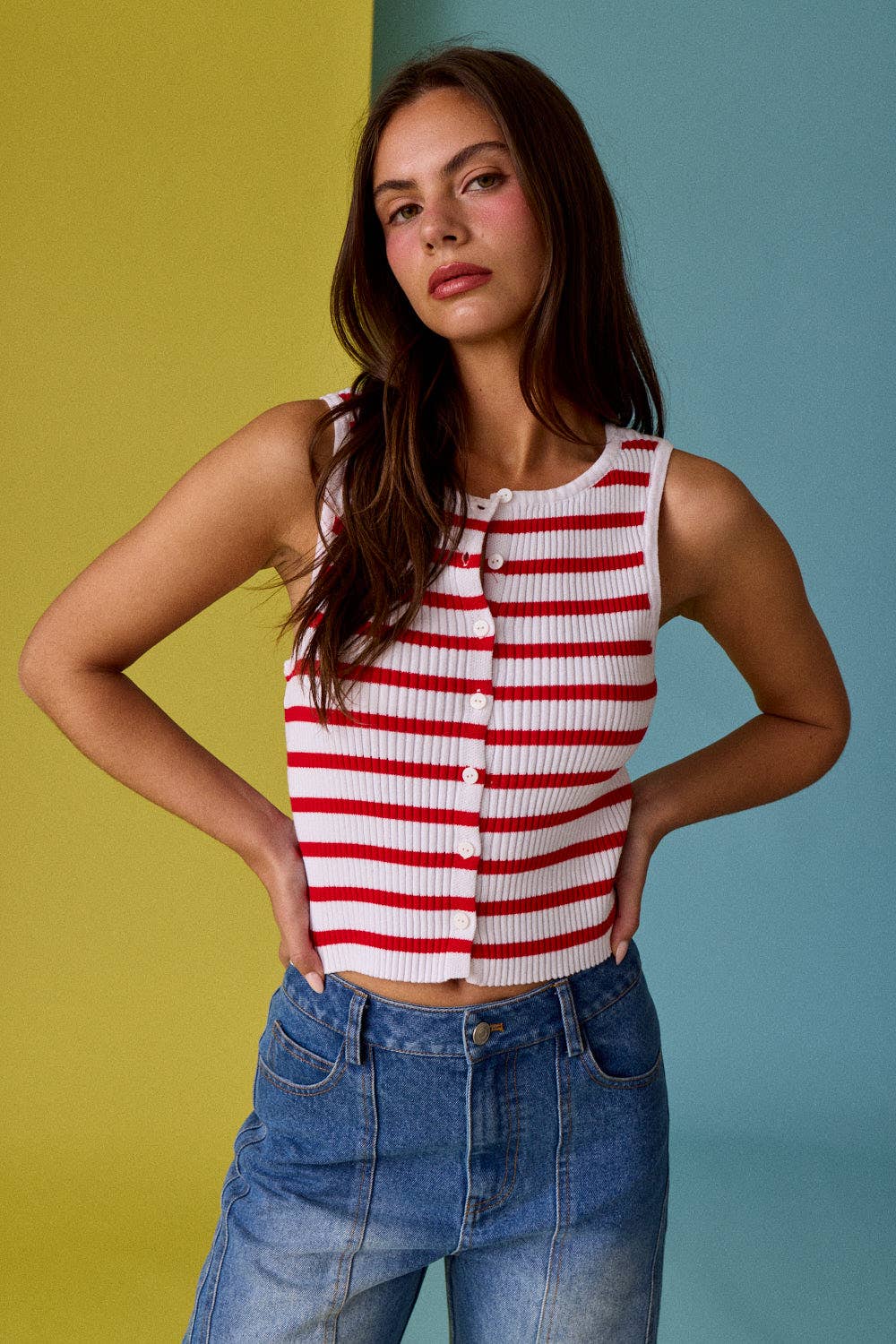 Striped Ribbed Button Front Tank -Red