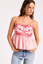 Red & Pink Embroidered Detail Cami Top