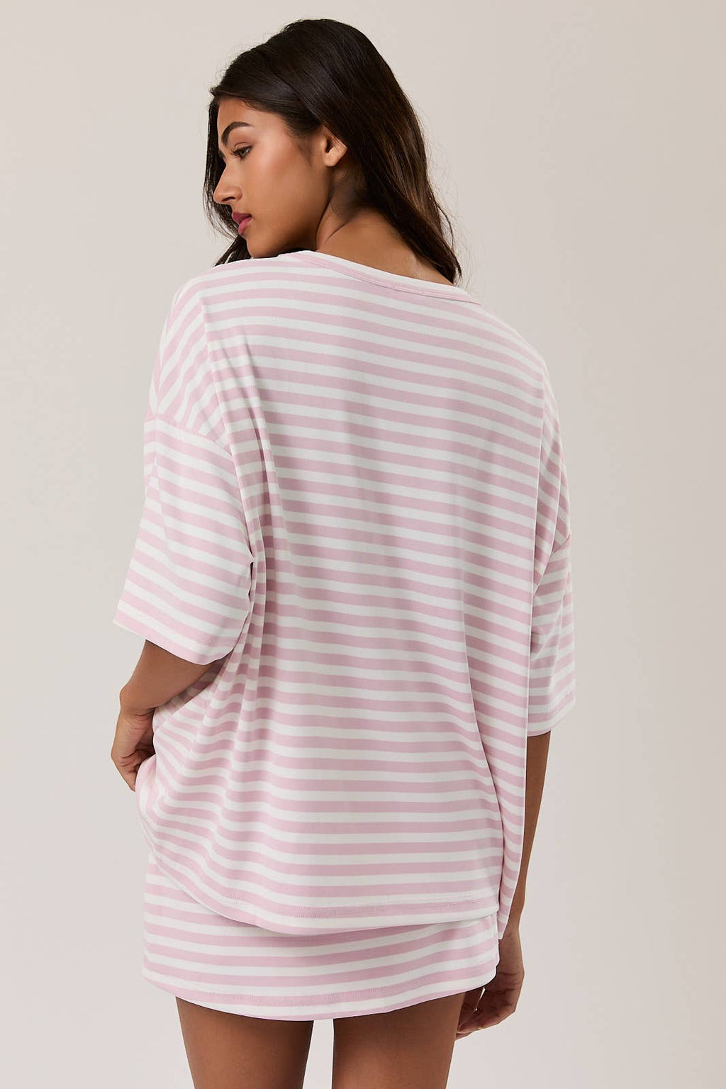 Short Sleeve Round Neck Oversized T Shirt - Pink and White
