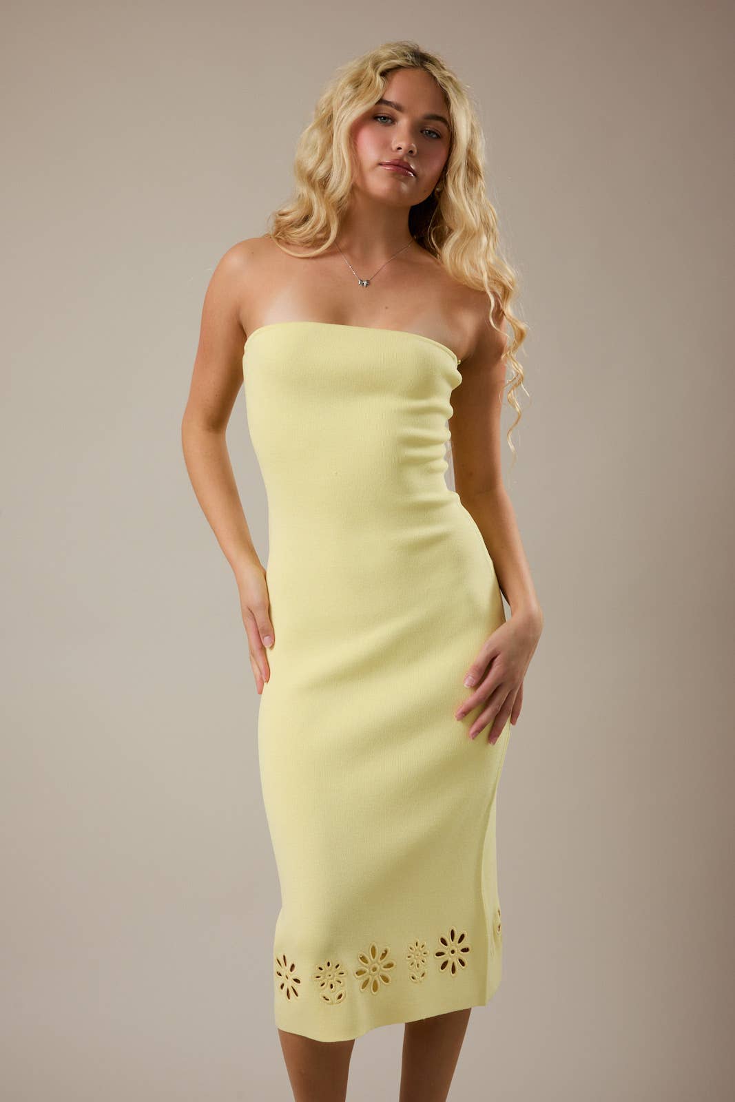 Eyelet Detail Tube Dress - Yellow